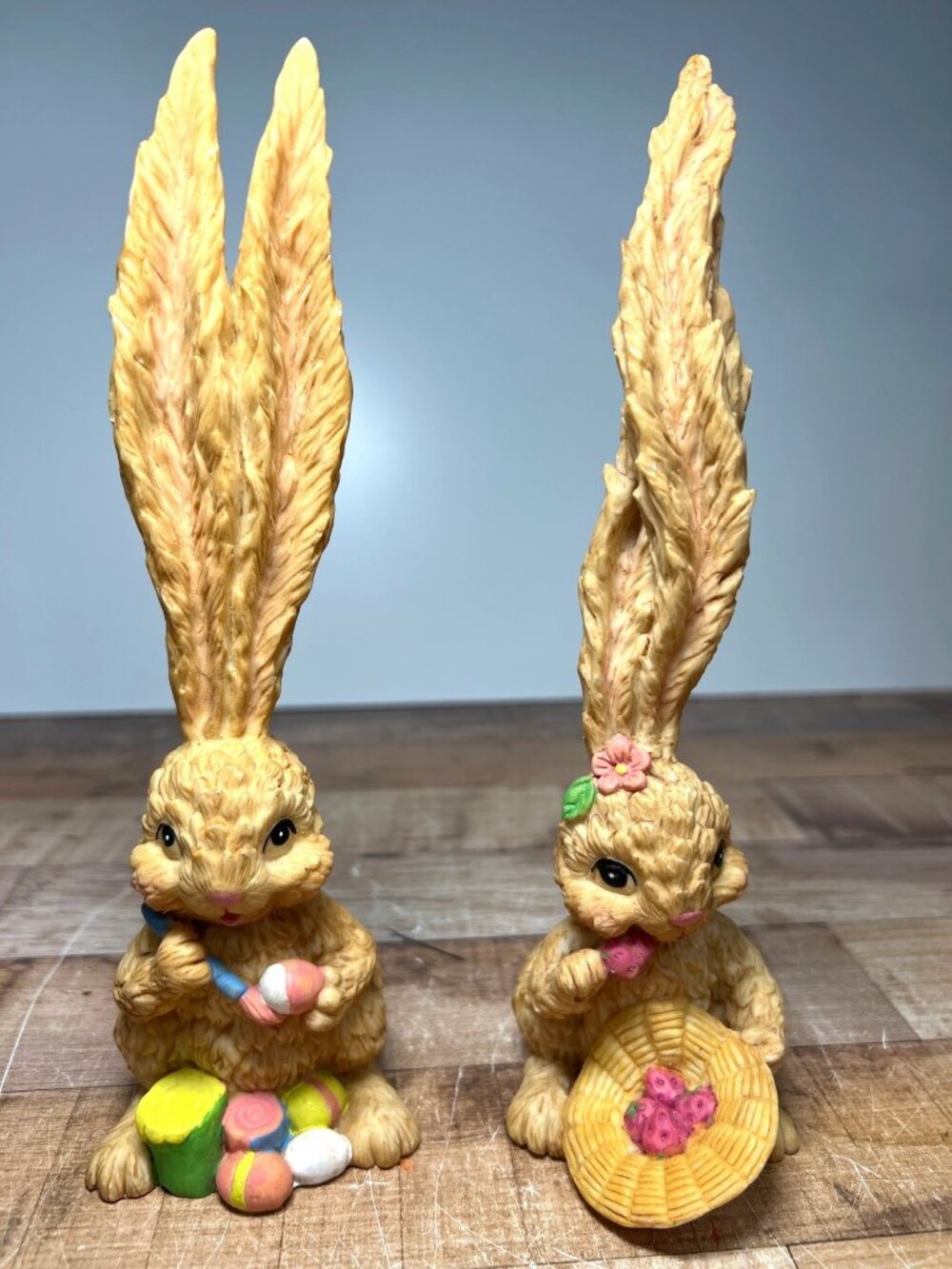 2 Hand-Painted Easter Bunny Figurines Decorating Eggs & Strawberry Basket